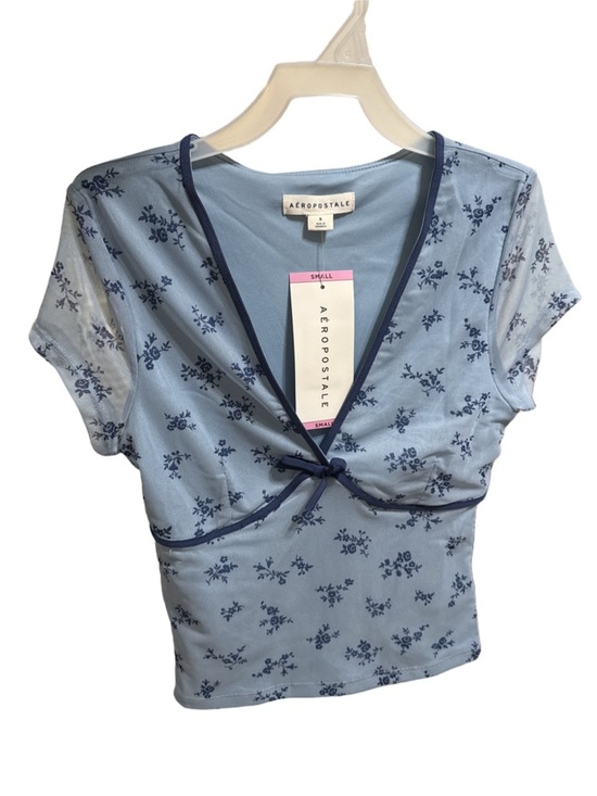 Aeropostale Tops - Aeropostale Light Blue Floral Tie-Front Top with Navy Trim